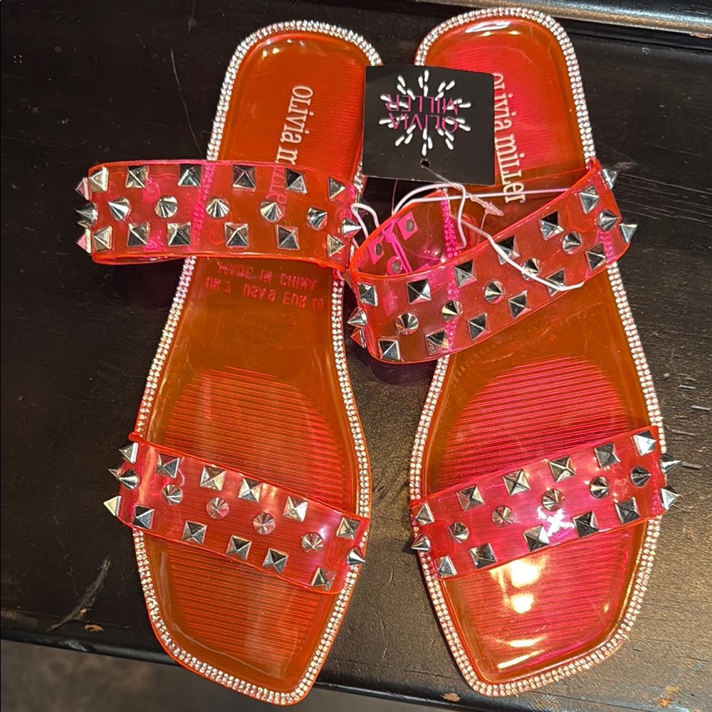 Olivia Miller Red and Silver Studded Slides
